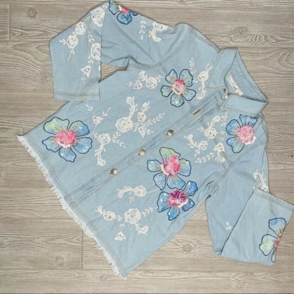 drapers & damon embroidered sequin beaded denim button up long sleeve shirt - Picture 1 of 6